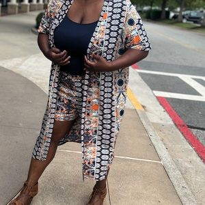 Plus Allover Print Open Front Kimono & Shorts